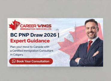 Career Wings Immigration Services Ltd. banner featuring logo and promotion for BC PNP draw immigration support from a Certified Immigration Consultant serving clients in Calgary, Alberta.