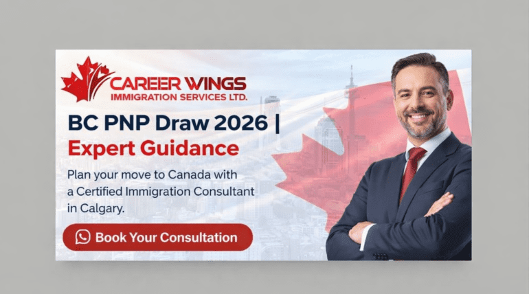 Career Wings Immigration Services Ltd. banner featuring logo and promotion for BC PNP draw immigration support from a Certified Immigration Consultant serving clients in Calgary, Alberta.