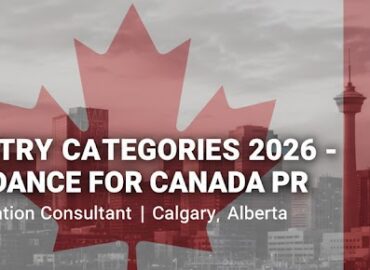 Professional banner for Career Wings Immigration Services Ltd showing Calgary skyline and Canadian flag with text about Express Entry Categories 2026 for Canada PR.