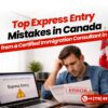 Express Entry applicant reviewing immigration documents with an error notice beside a laptop showing Express Entry submission, illustrating common mistakes in Canada immigration applications explained by a certified consultant in Calgary.