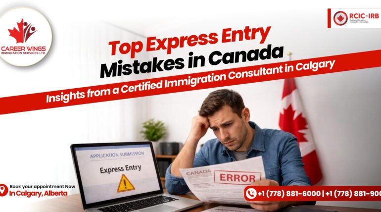 Express Entry applicant reviewing immigration documents with an error notice beside a laptop showing Express Entry submission, illustrating common mistakes in Canada immigration applications explained by a certified consultant in Calgary.