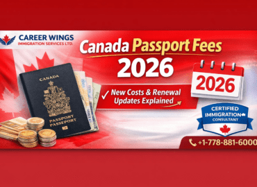 Canada Passport Fees 2026 banner showing updated costs and renewal updates with Canadian passport and RCIC badge