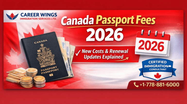Canada Passport Fees 2026 banner showing updated costs and renewal updates with Canadian passport and RCIC badge